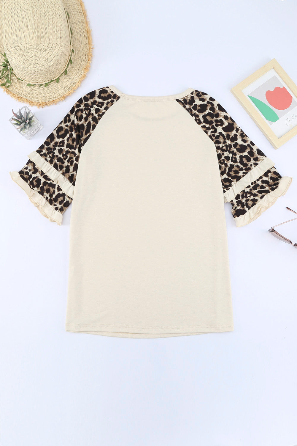 Cheetah Print Tiered Half Sleeve Jewel Neckline Blouse