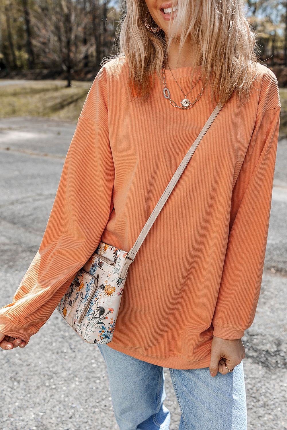 Strawberry Pink Ribbed Corded Oversized Sweatshirt