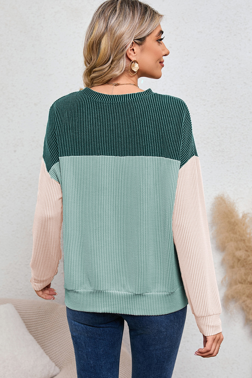 Color Block Ribbed Loose Long Sleeve Top