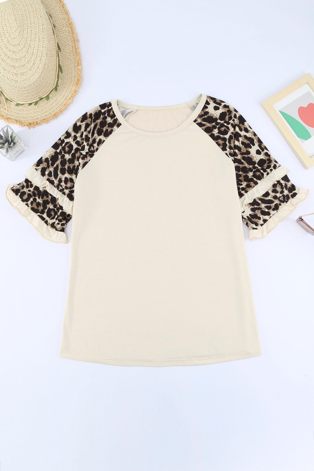 Cheetah Print Tiered Half Sleeve Jewel Neckline Blouse