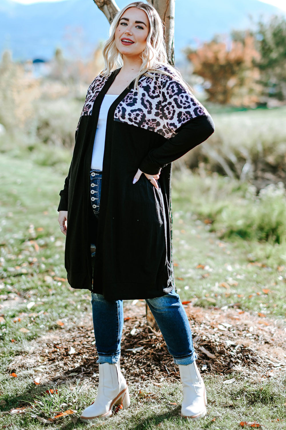 Red Printed Leopard Detail Plus Size Cardigan