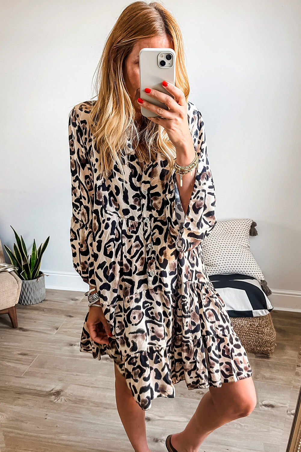 Seeing Spots! Leopard Print Buttoned Front 3/4 Sleeve Tiered Ruffled Hem Dress