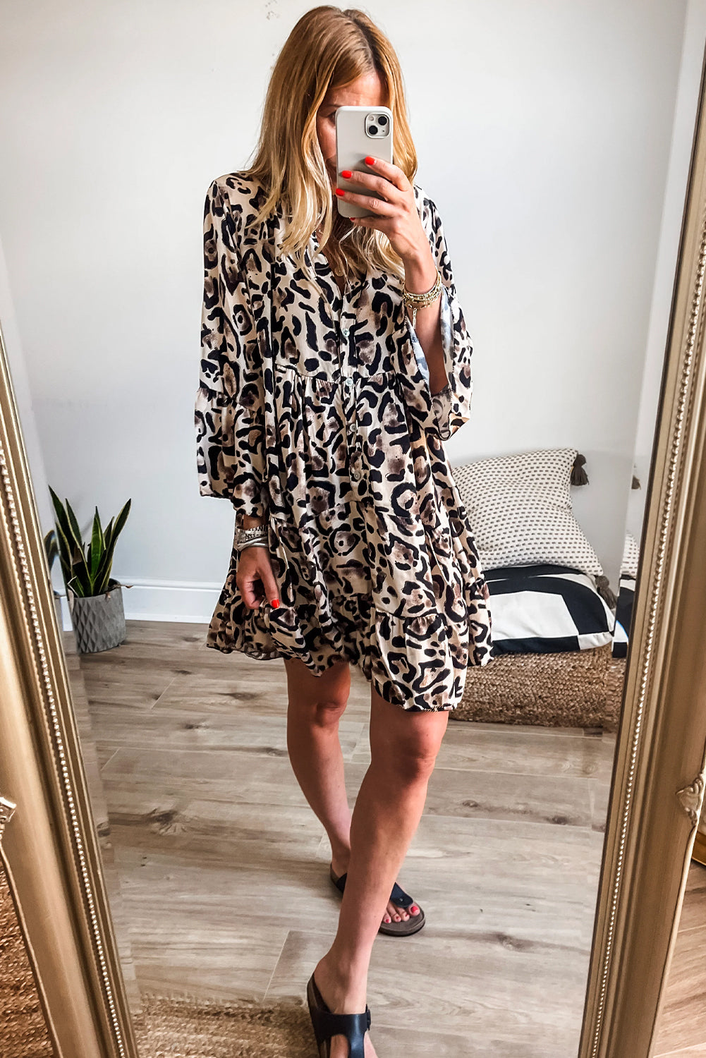 Seeing Spots! Leopard Print Buttoned Front 3/4 Sleeve Tiered Ruffled Hem Dress