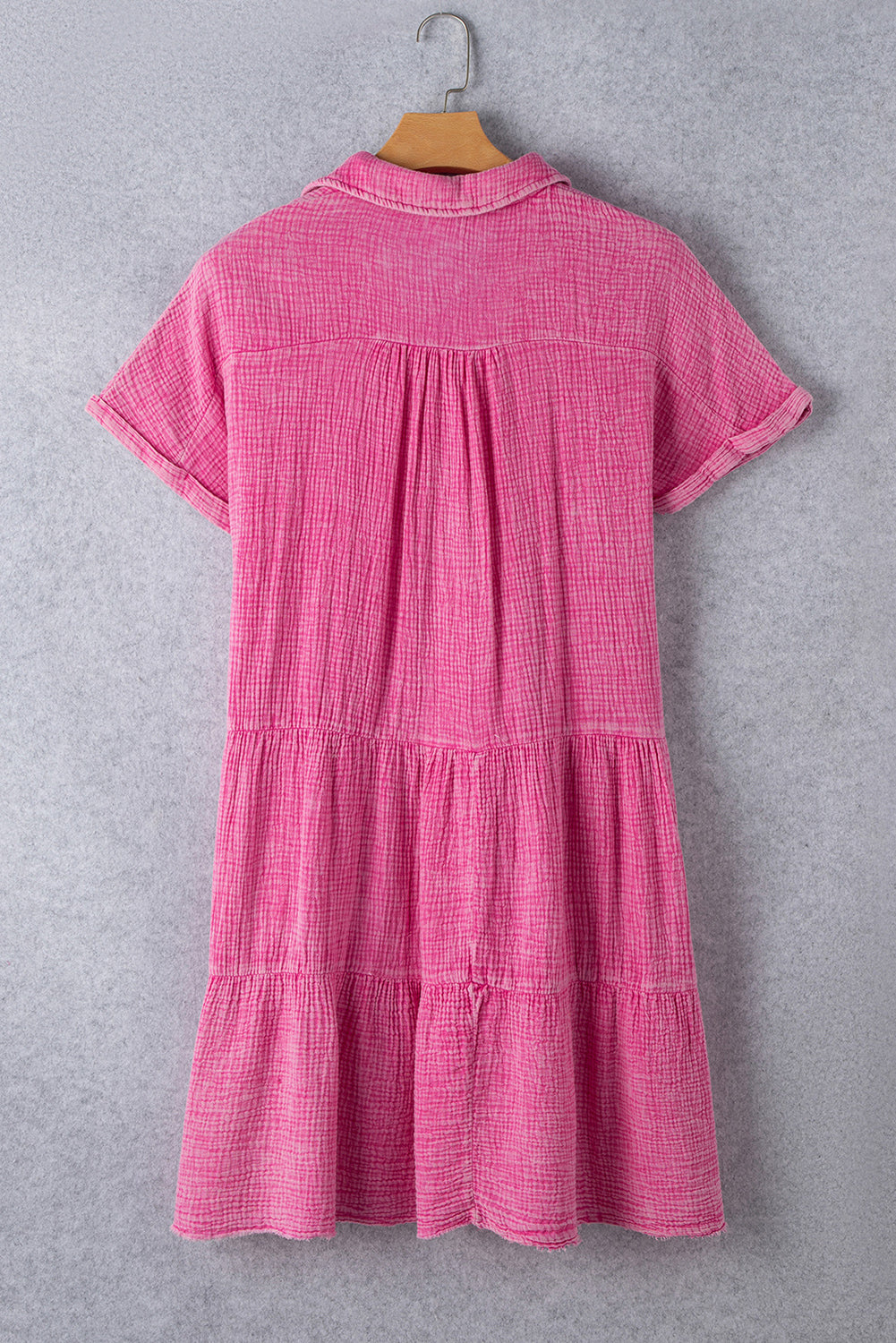 Beau Blue Mineral Wash Crinkle Split Neck Raw Hem Tiered Dress