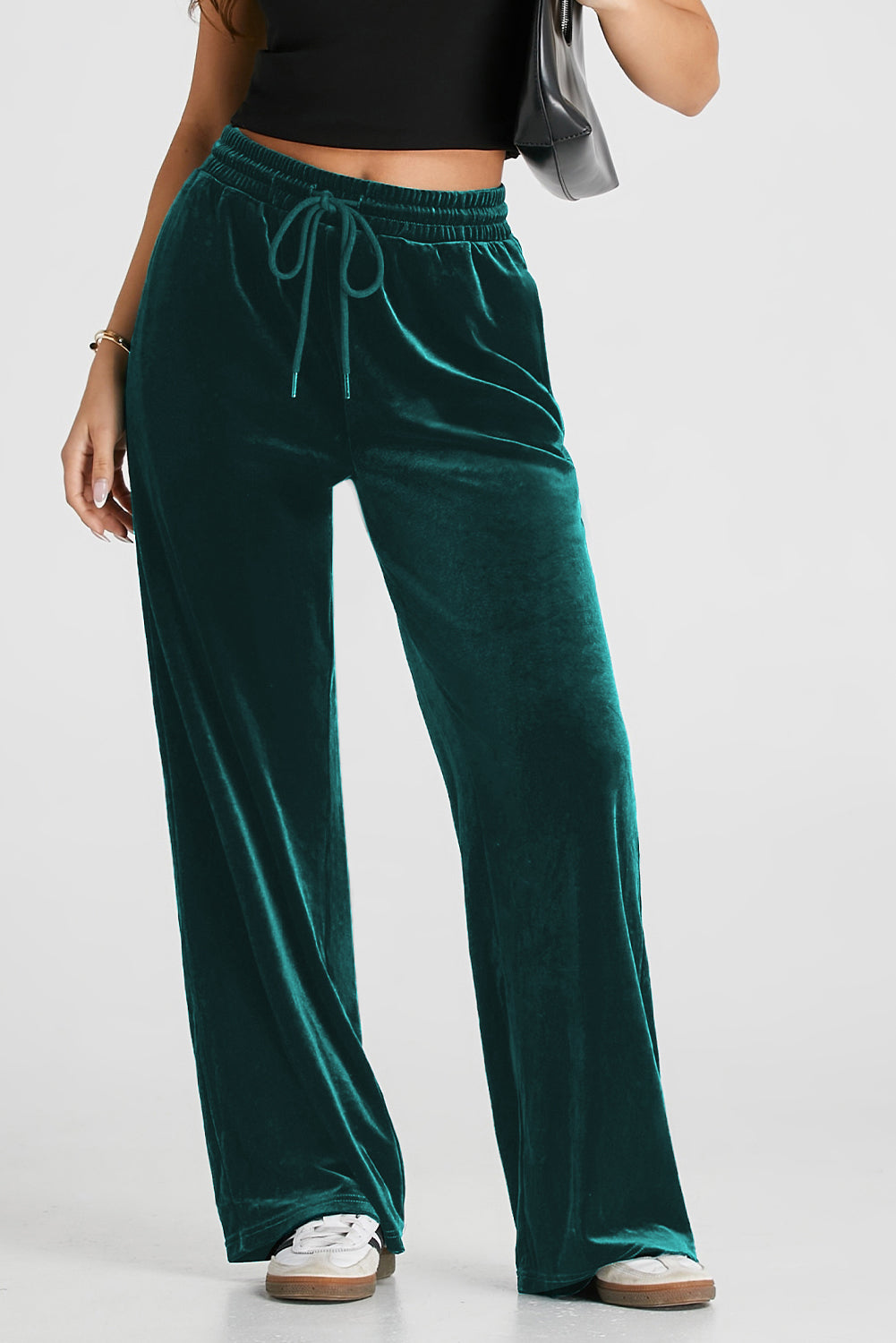 Velvet Drawstring Waist Wide Leg Pants