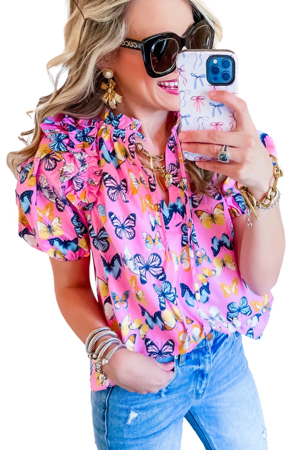 Butterfly Print Frill V Neck Puff Sleeve Blouse