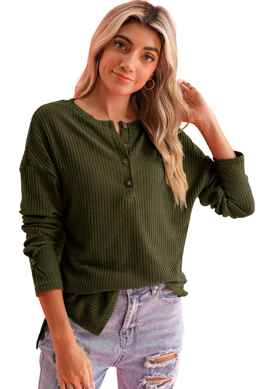Rose Drop Shoulder Ribbed Knit Long Sleeve Henley Top