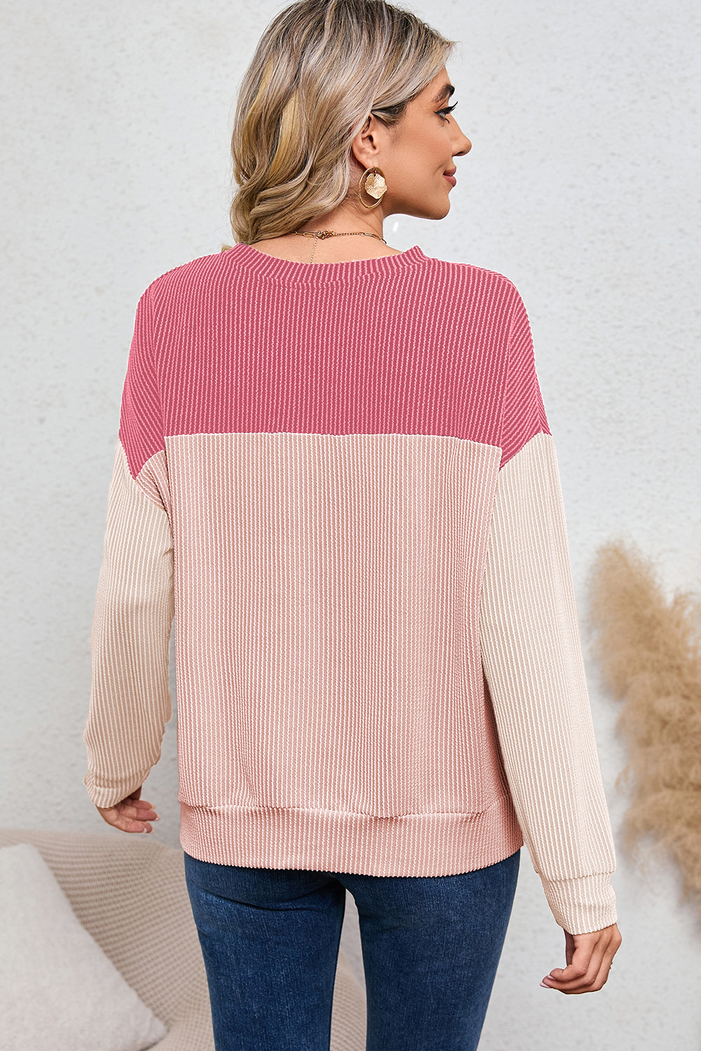 Color Block Ribbed Loose Long Sleeve Top