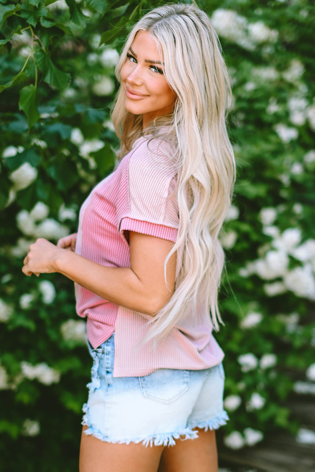 Apricot Pink Textured Colorblock Crew Neck T Shirt