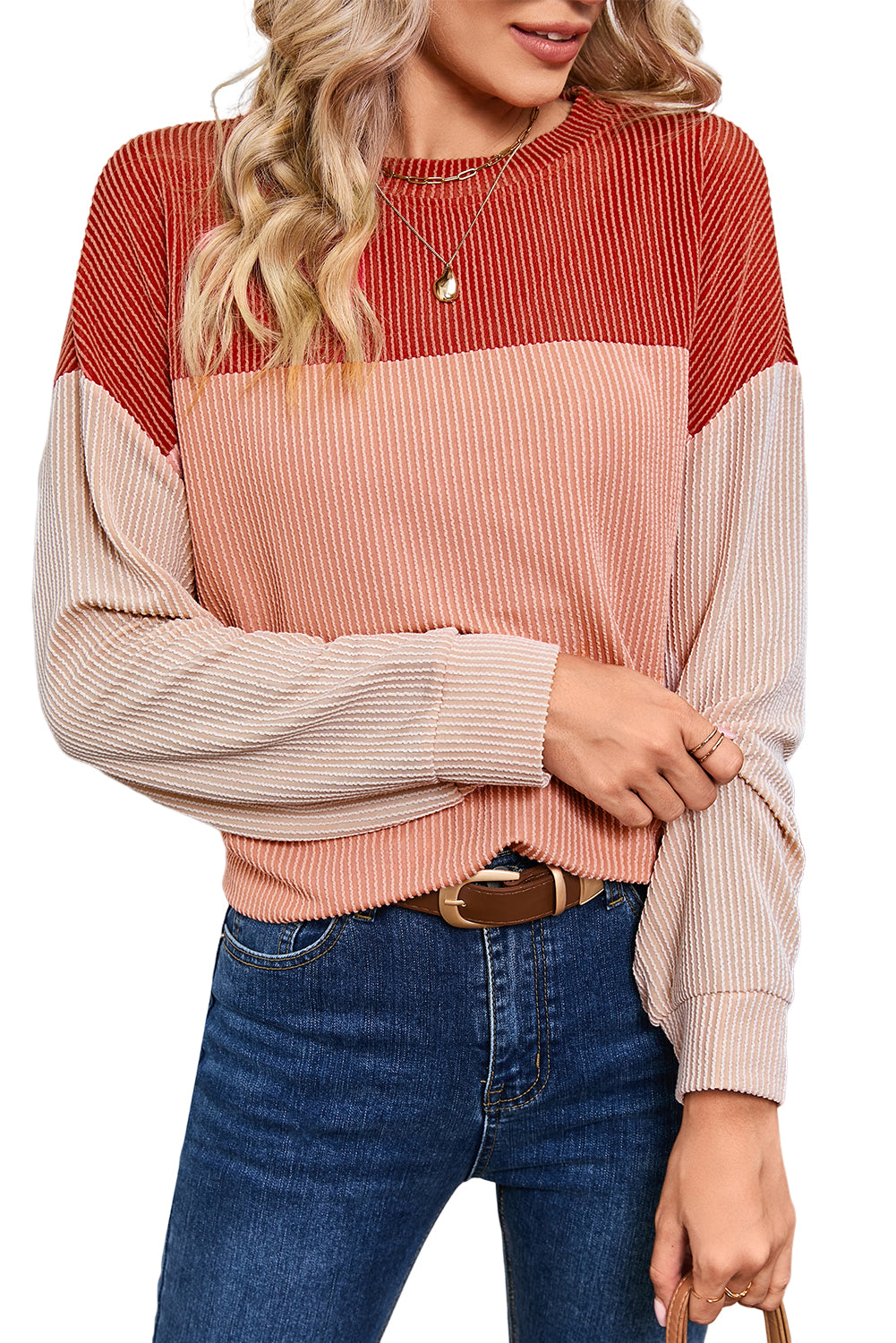 Color Block Ribbed Loose Long Sleeve Top