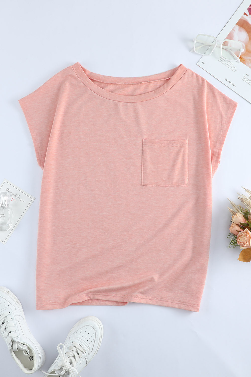 Solid Color Short Sleeve Basic T Shirt with Patch Pocket