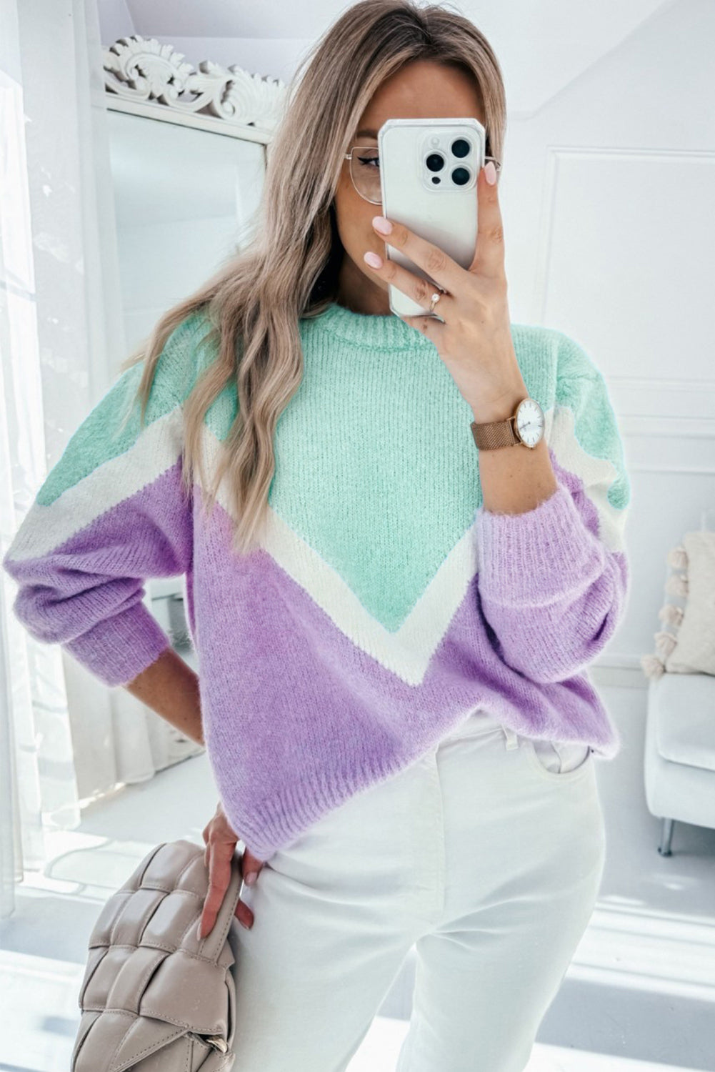 Chevron Colorblock Ribbed Knit Drop Shoulder Sweater