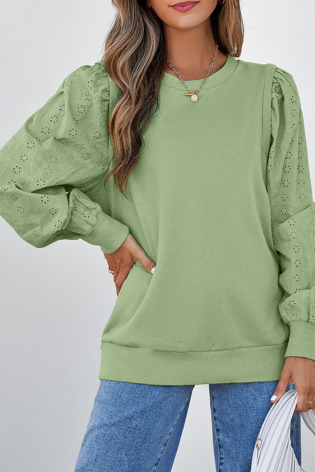 Solid Patchwork Sleeve Round Neck Sweatshirt
