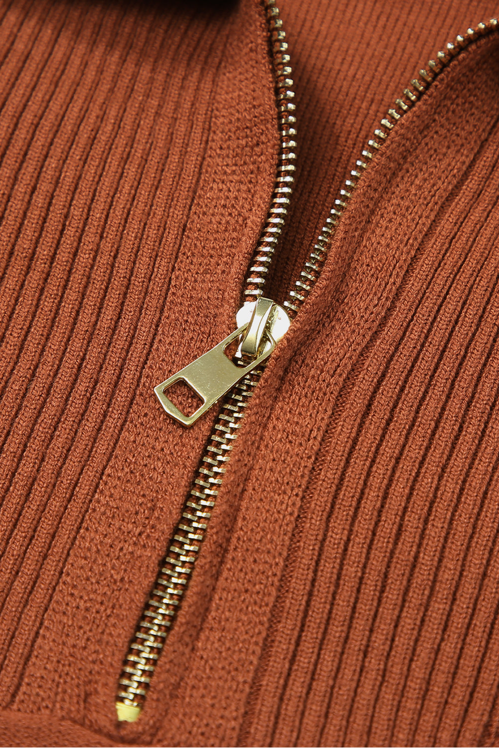 Rose Solid Ribbed Trim Plus Size Zip Collar Sweater