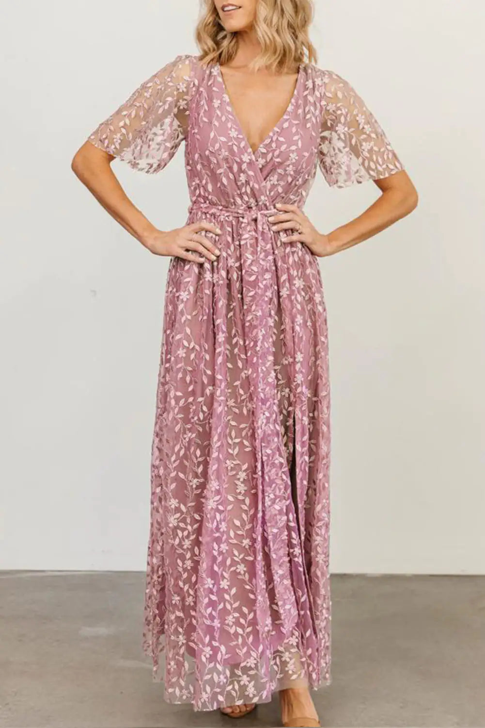Embossed Wrap V Neck Maxi Dress