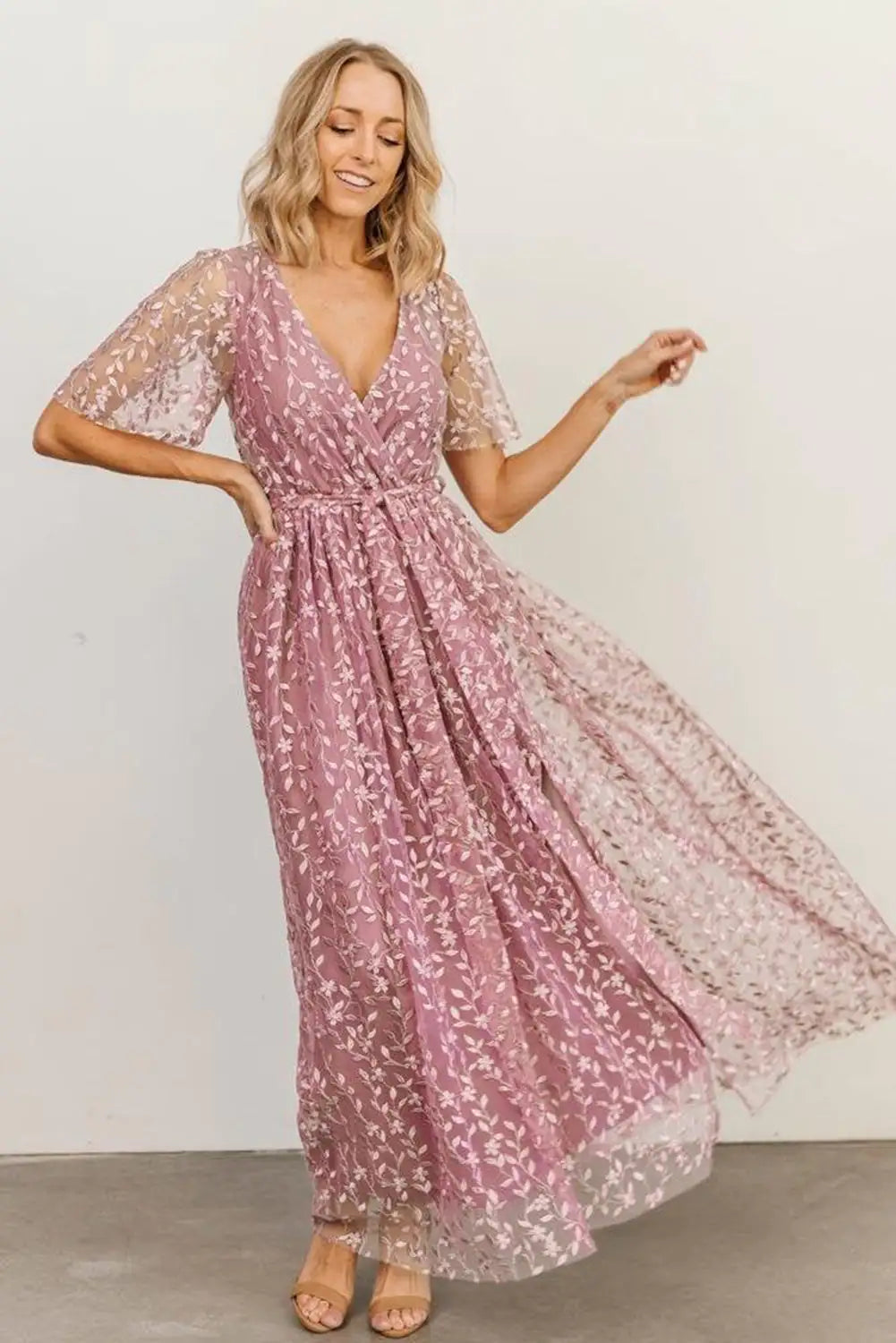 Embossed Wrap V Neck Maxi Dress