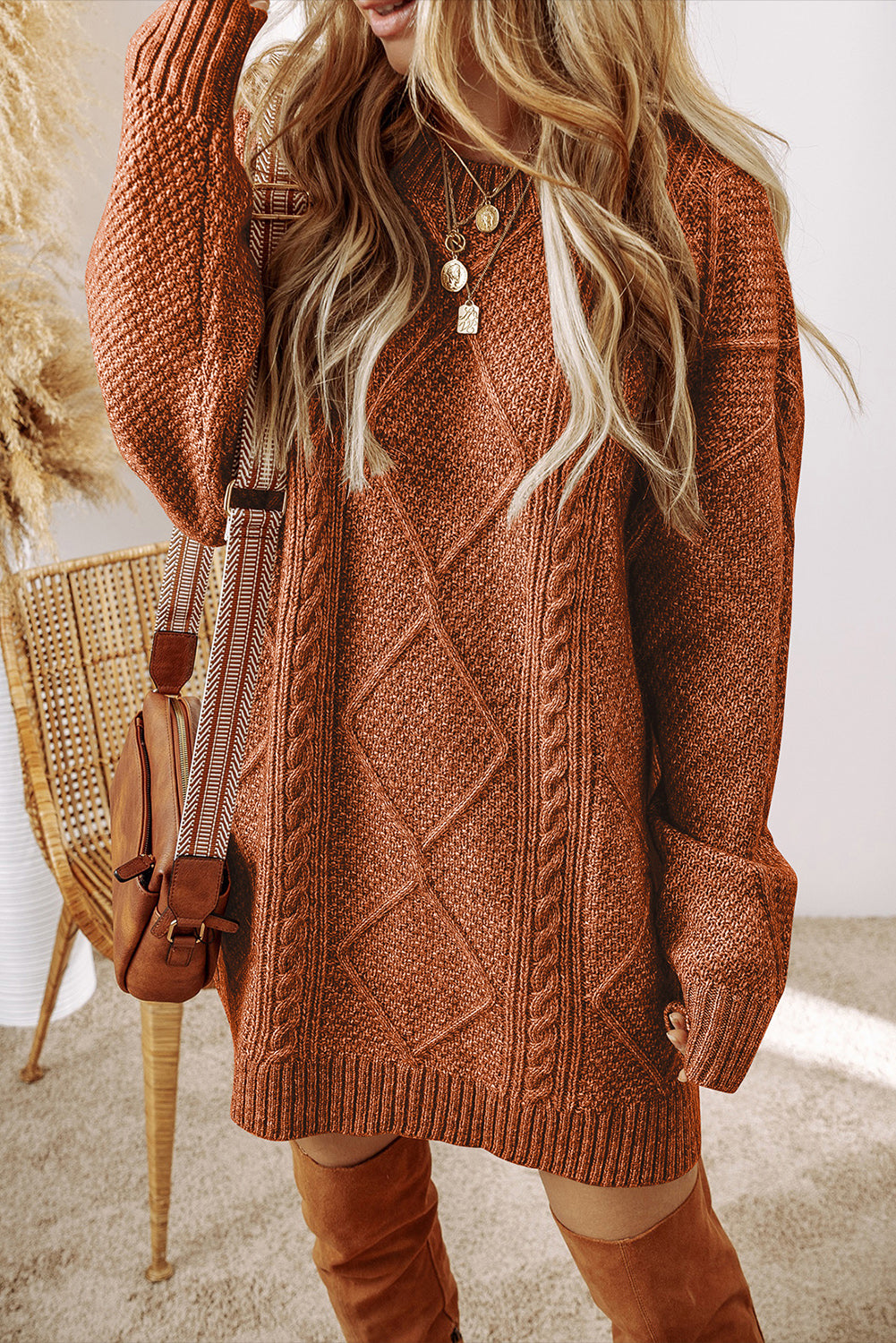 Twist Cable Knit Drop Shoulder Loose Fit Sweater Dress