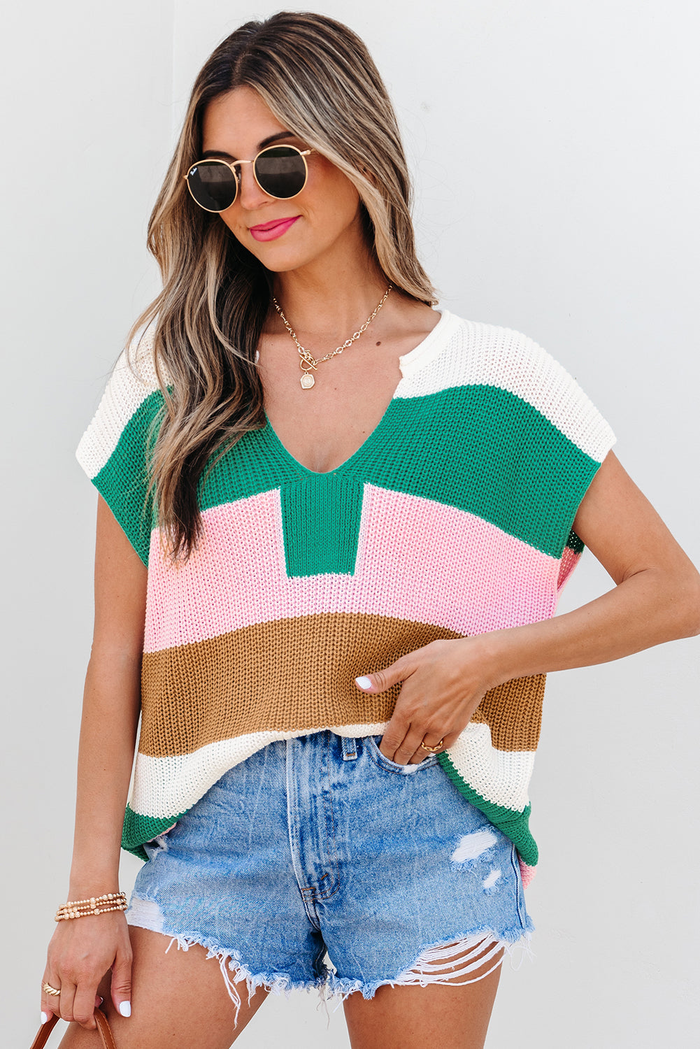 Pink Color Block Notch V Neck T Shirt
