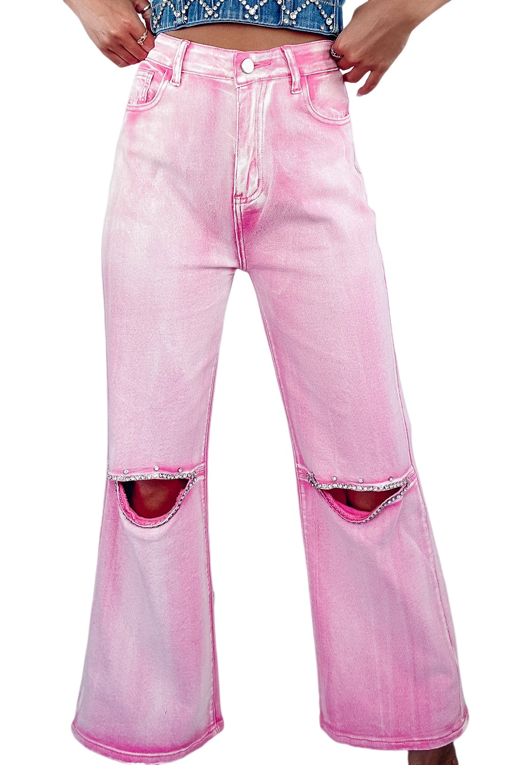 Pink Washed Rhinestone Wide Leg Jeans