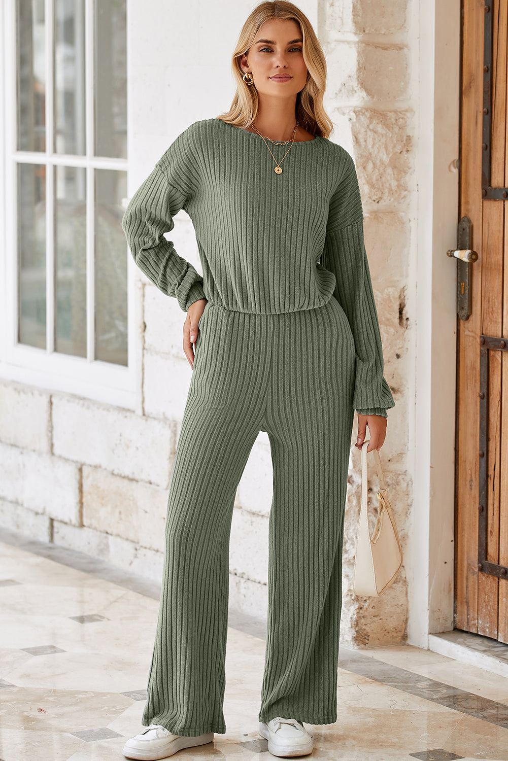 Solid Ribbed Knit Keyhole Back High Waist Jumpsuit