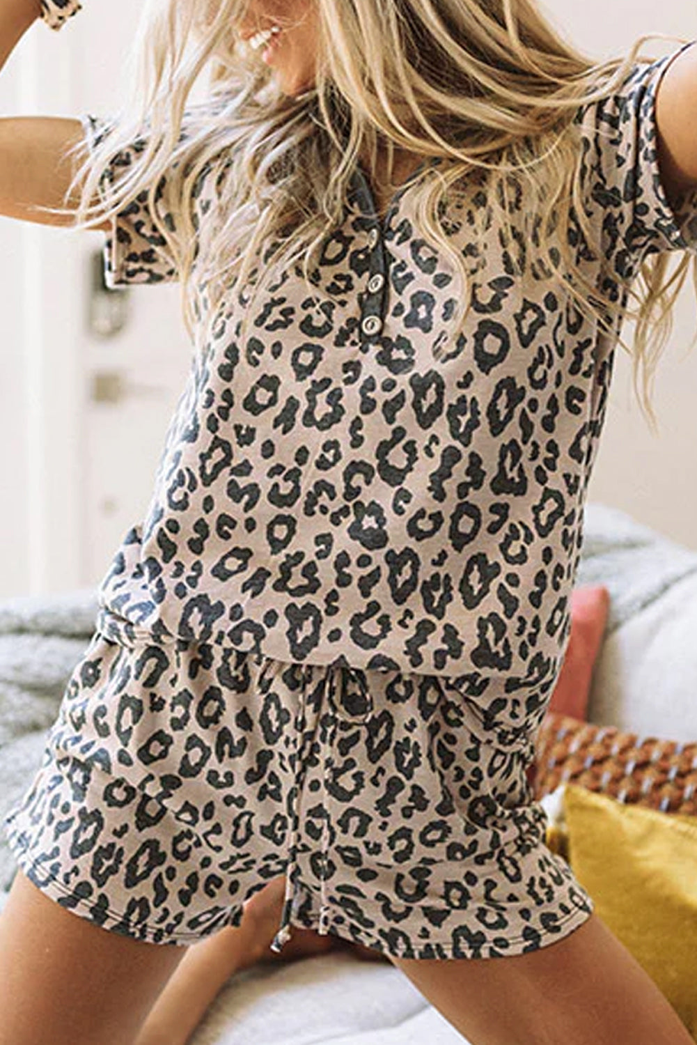 Leopard Button V Neck Tee and Drawstring Shorts Set