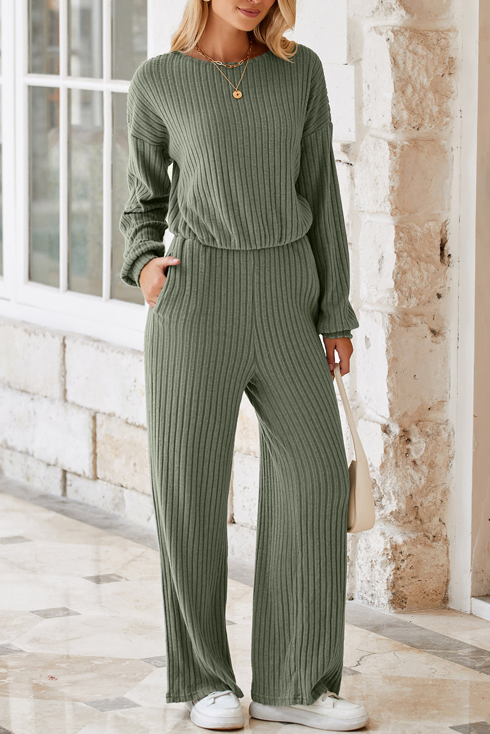 Solid Ribbed Knit Keyhole Back High Waist Jumpsuit