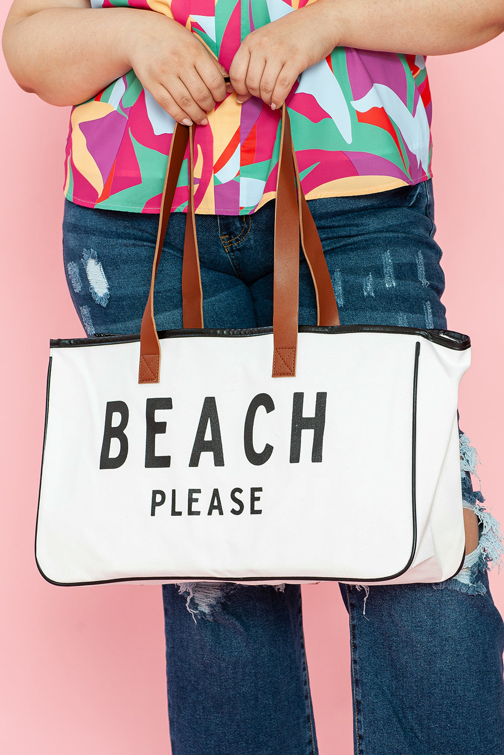 White BEACH PLEASE Print Large Canvas Tote Bag