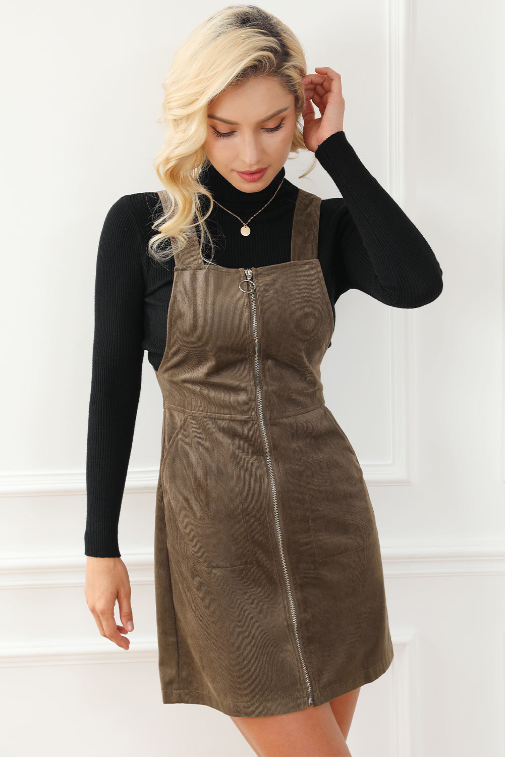 Brown O-ring Zip Up Pocketed Corduroy Dress