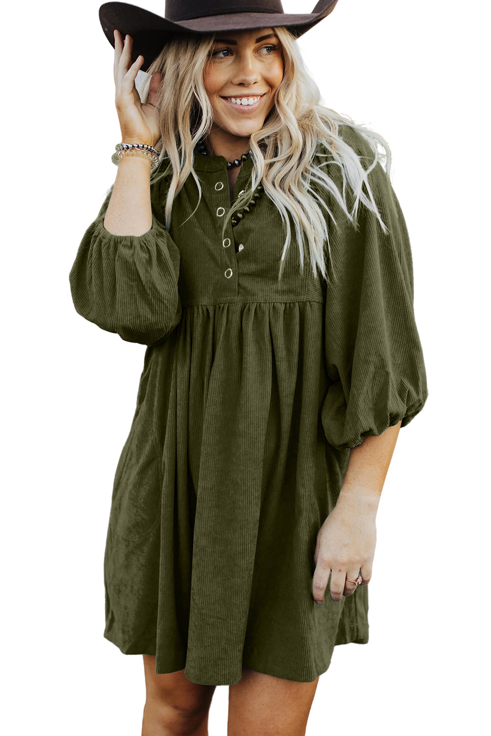 Vineyard Green Snap Button Empire Waist Lantern Sleeve Corduroy Dress