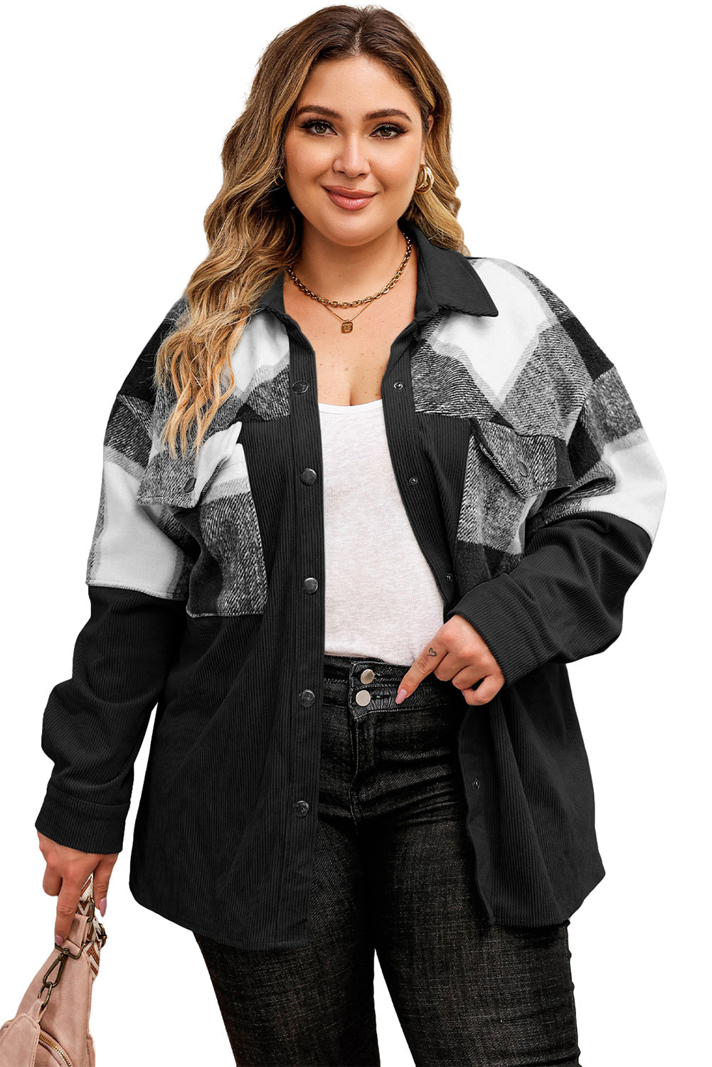 Green Plaid Patchwork Plus Size Corduroy Shacket