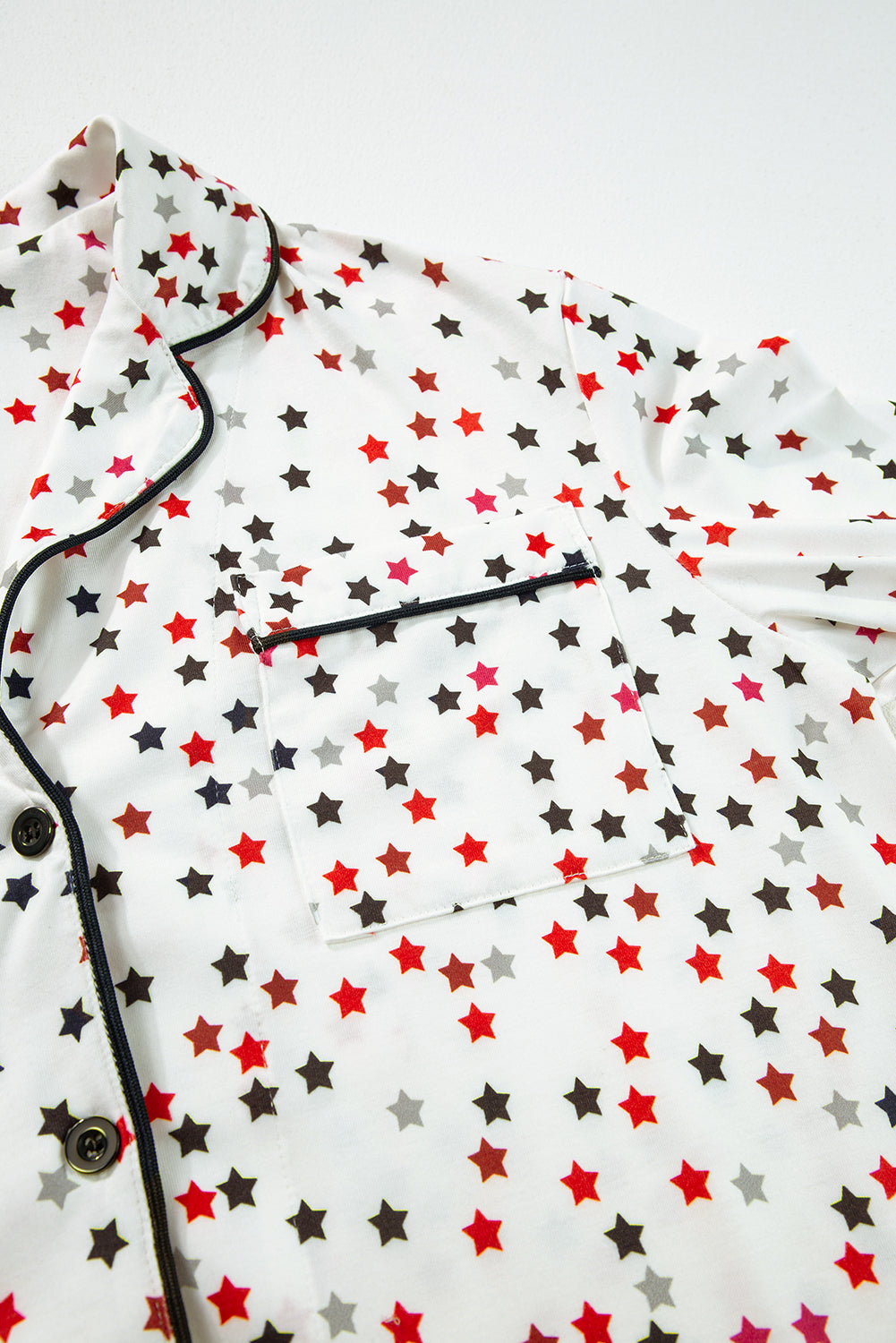 White Contrast Pipping Star Long Sleeve and Pants Pajamas Set