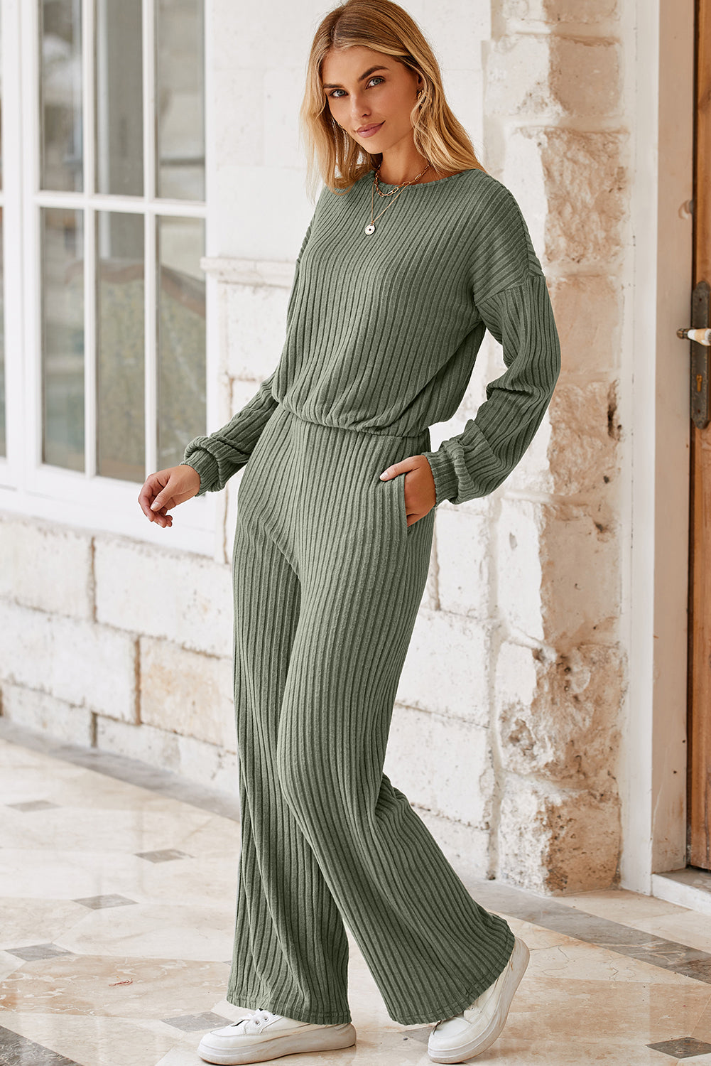 Solid Ribbed Knit Keyhole Back High Waist Jumpsuit