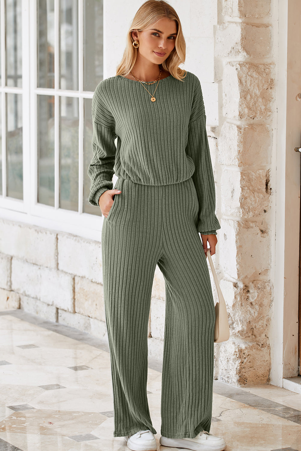 Solid Ribbed Knit Keyhole Back High Waist Jumpsuit