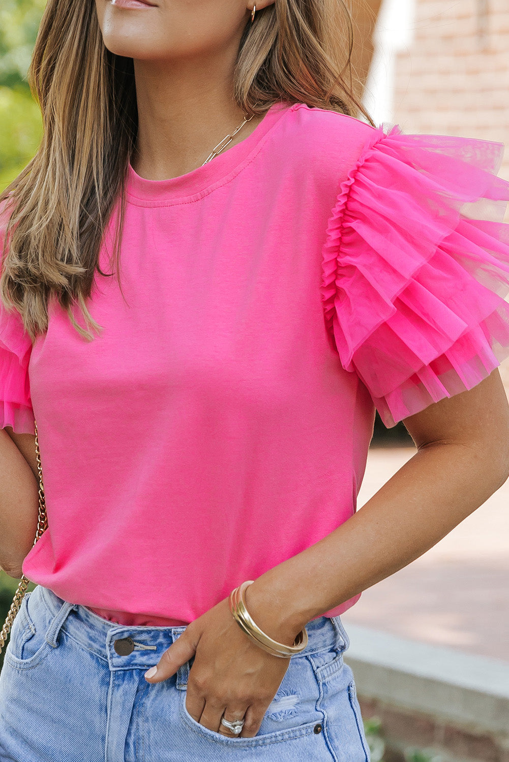 Be My Lover - Tulle Round Neck Ruffle Sleeve Blouse