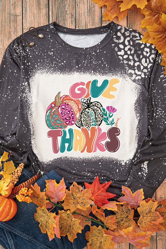 Black Bleached GIVE THANKS Leopard Pumpkin Print Graphic Sweatshirt