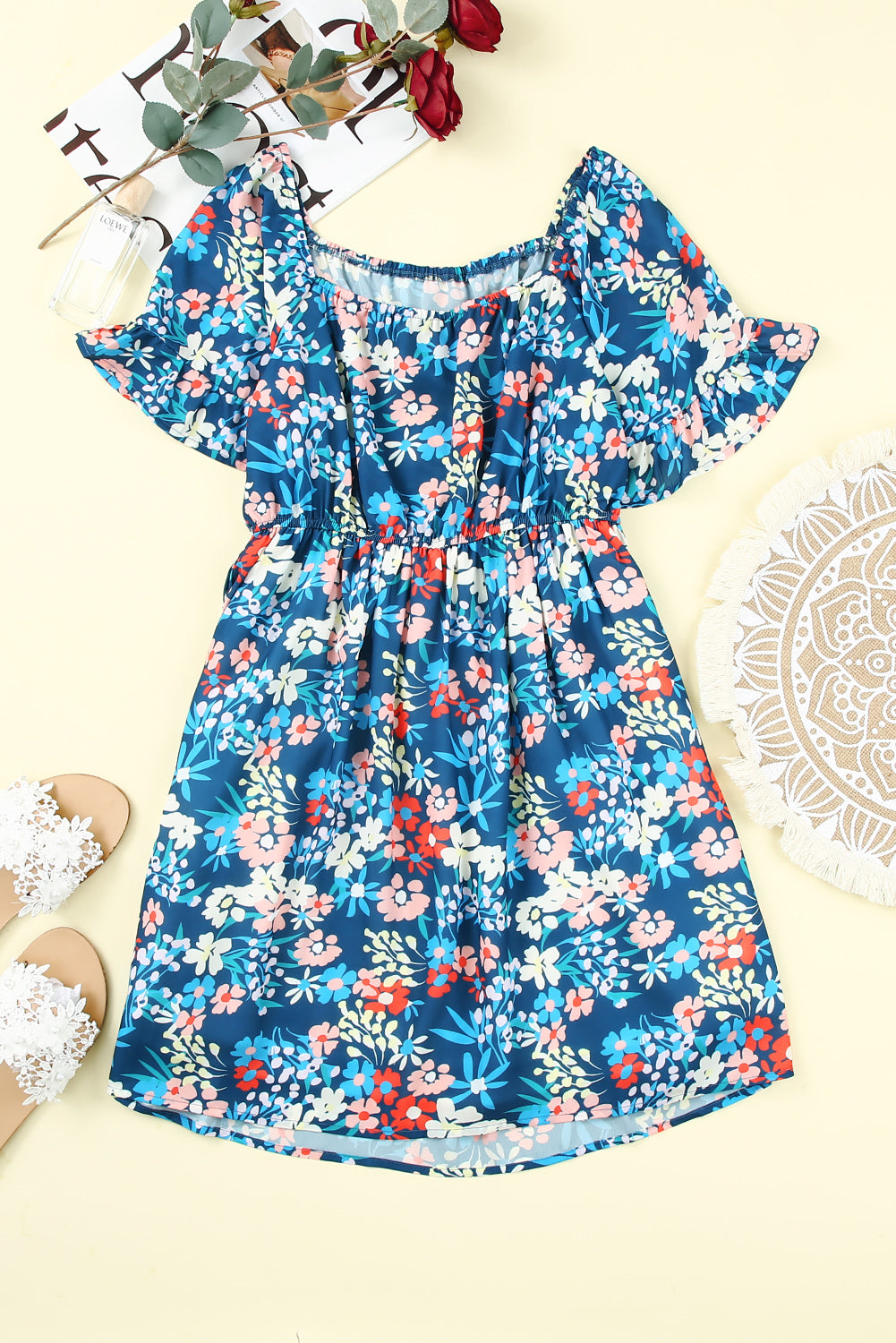 Dark Blue Bohemian Floral Print Off Shoulder Short Dress