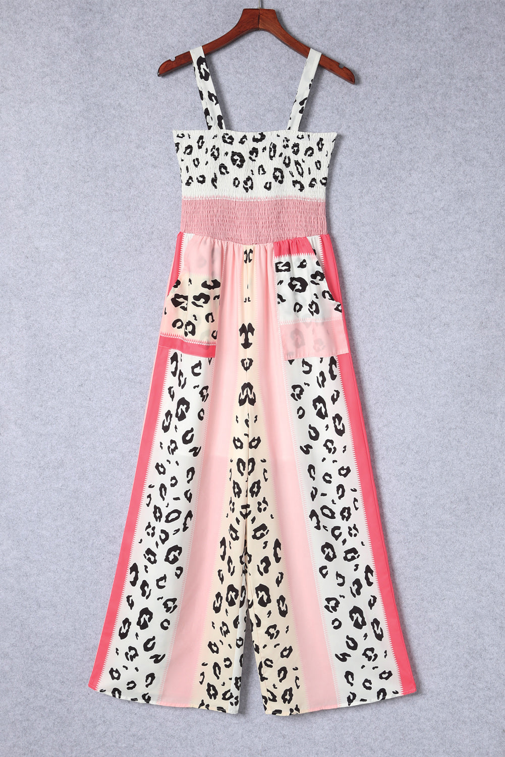 Pink Leopard Color Block Mix Print Pocketed Jumpsuit