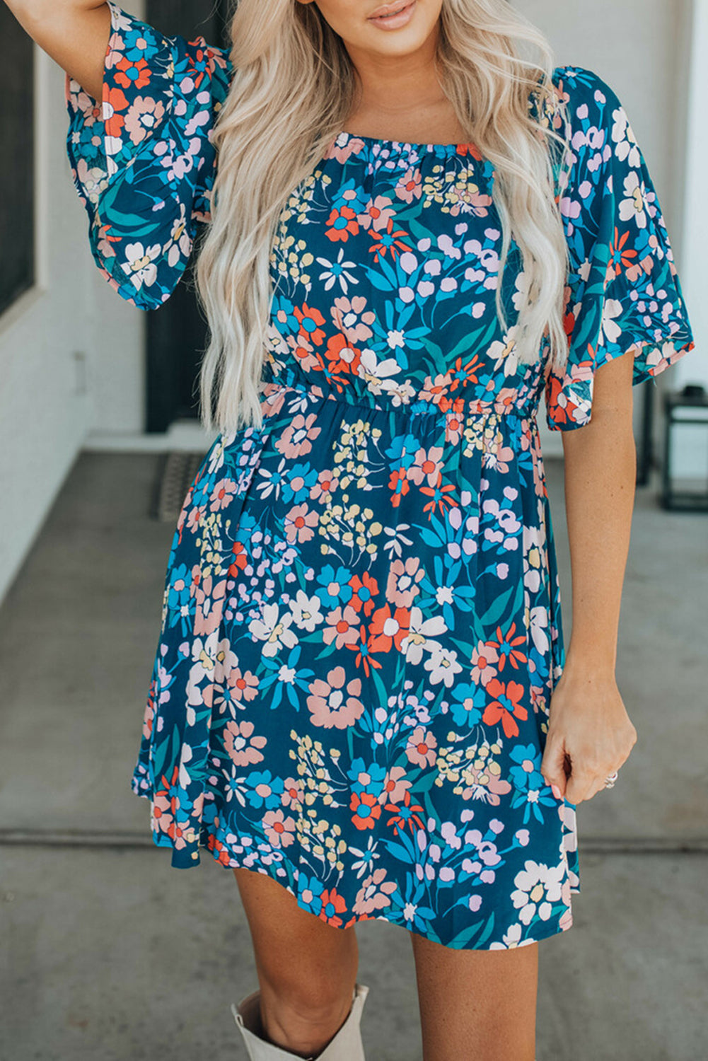 Dark Blue Bohemian Floral Print Off Shoulder Short Dress