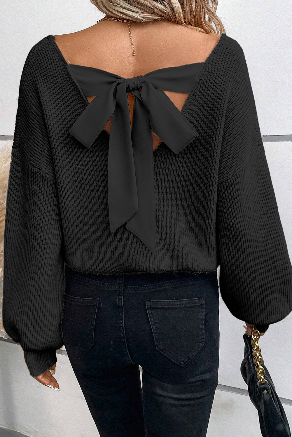 Oh So Sweet! Lantern Sleeve V Neck Knot Back Sweater