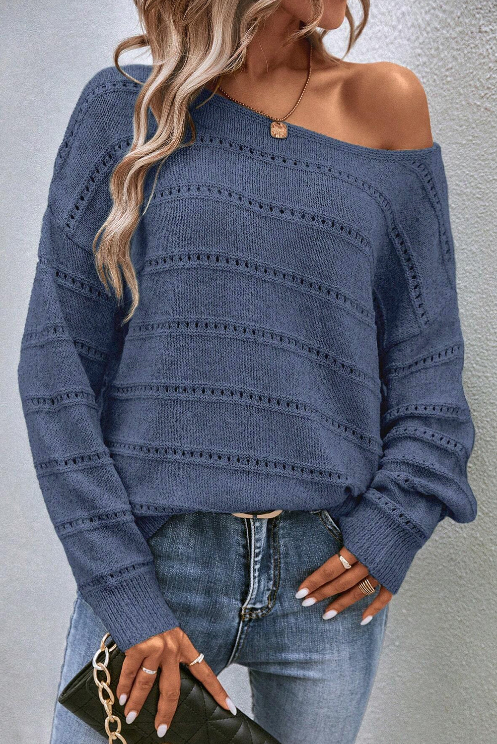 Boat Neck Drop Shoulder Pointelle Knit Sweater