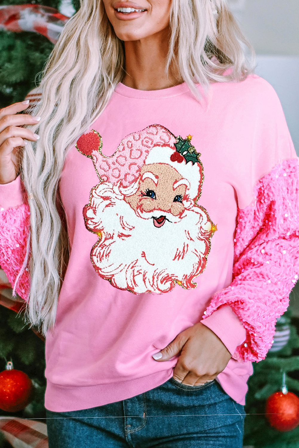 Pink Shiny Santa Claus Graphic Sequin Sleeve Sweatshirt