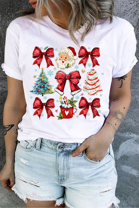 White Christmas Tree Santa Claus Bowknot Graphic Plus Size T Shirt