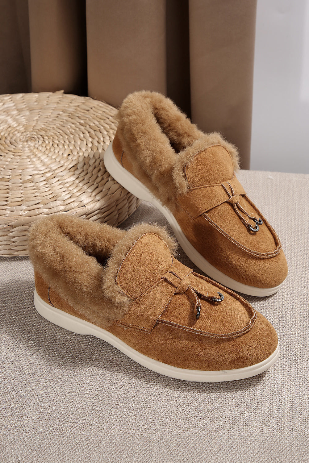 Chestnut Suede Furry Lined Slip On Flat Shoes