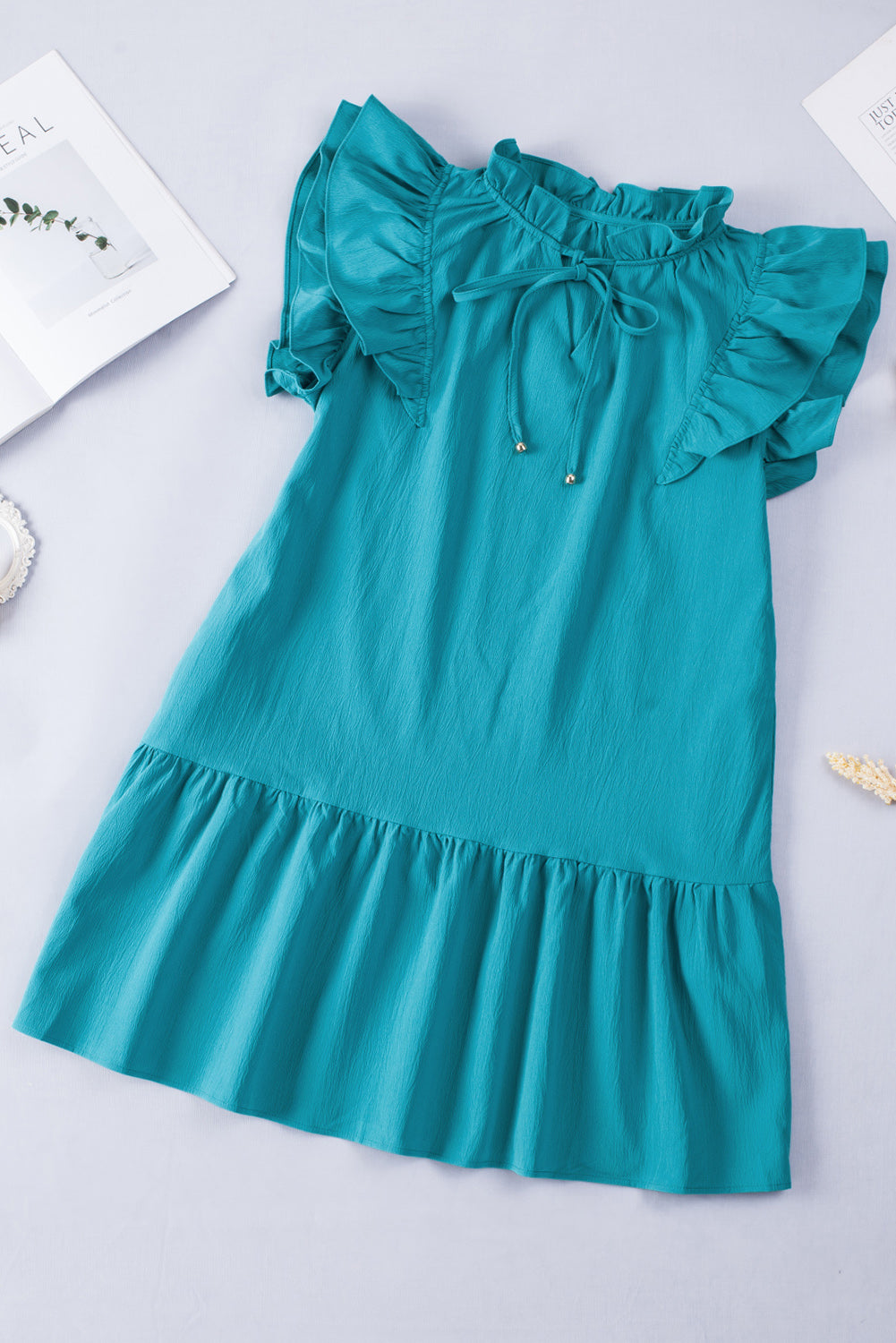 Green Tiered Ruffled Sleeves Mini Dress with Pockets