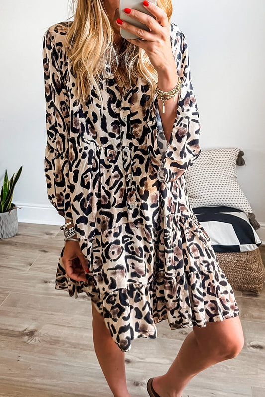 Seeing Spots! Leopard Print Buttoned Front 3/4 Sleeve Tiered Ruffled Hem Dress