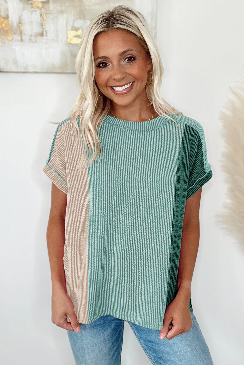 Mint Green Textured Colorblock Round Neck T Shirt