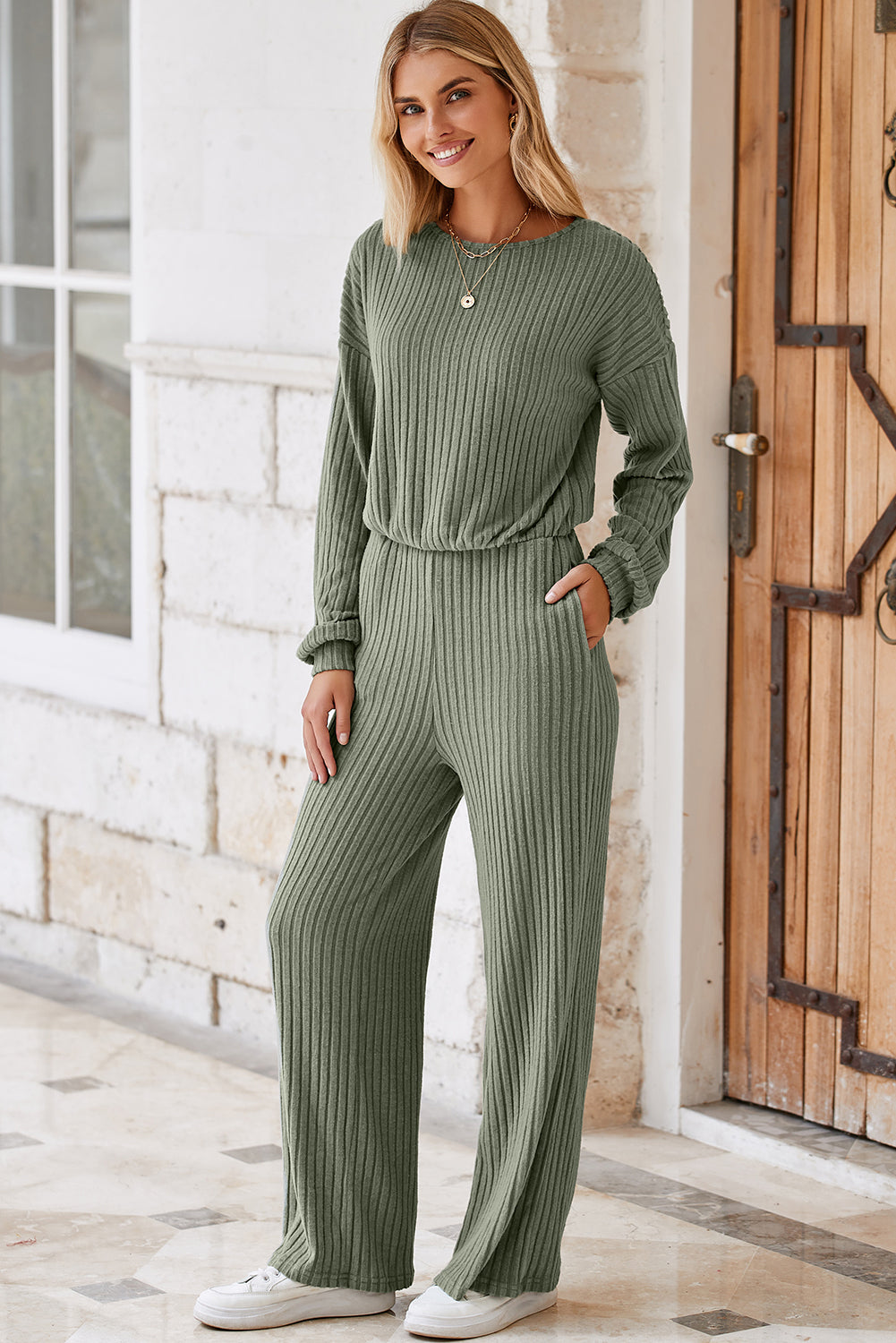 Solid Ribbed Knit Keyhole Back High Waist Jumpsuit