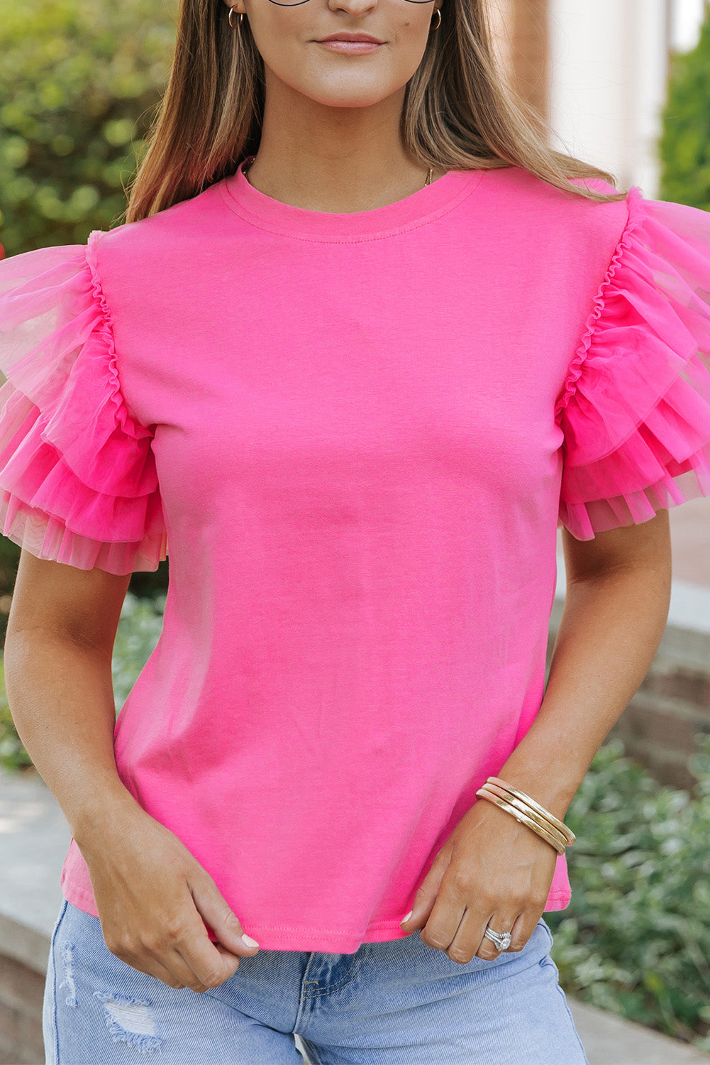 Be My Lover - Tulle Round Neck Ruffle Sleeve Blouse