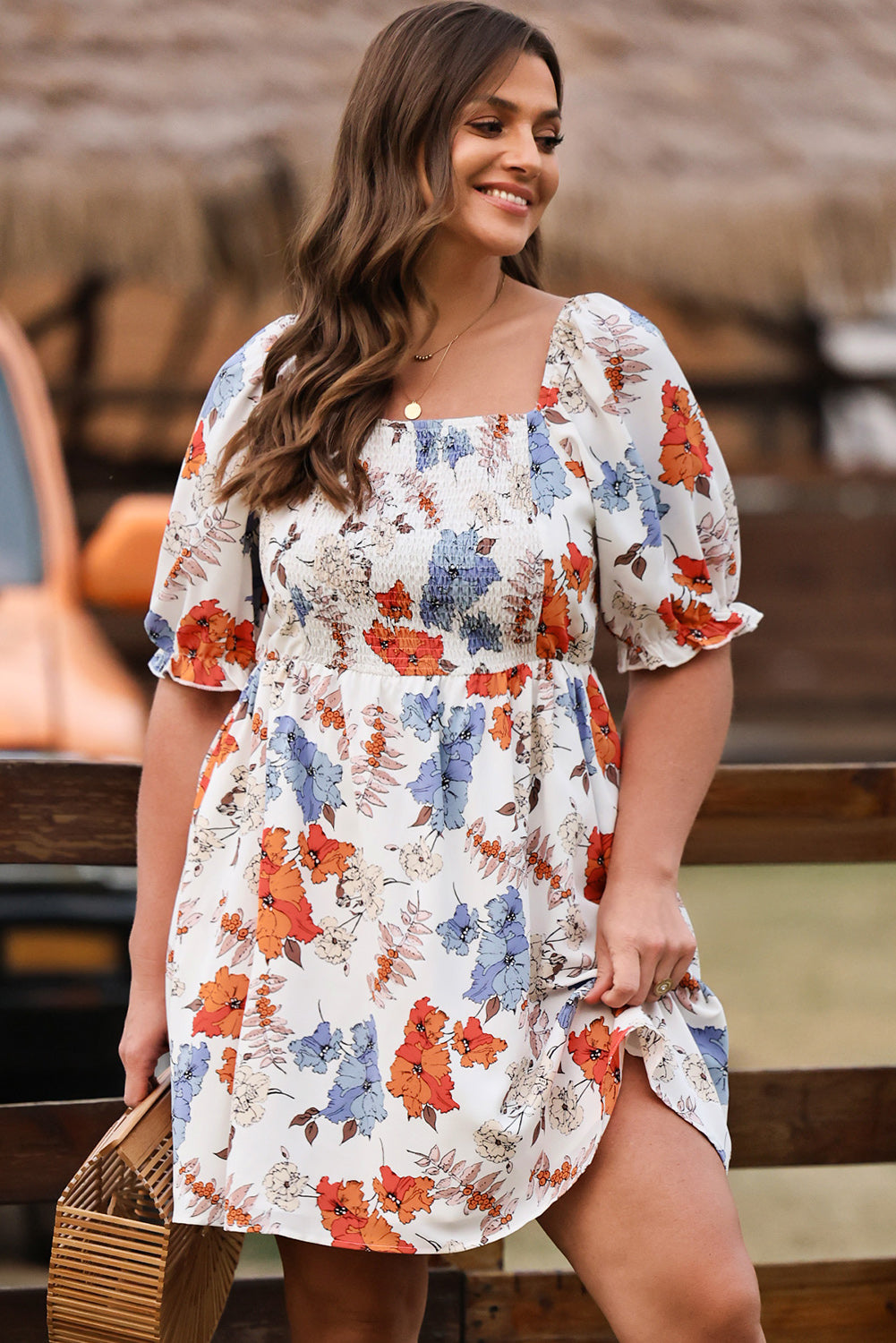 White Floral Smocked Flared Dress