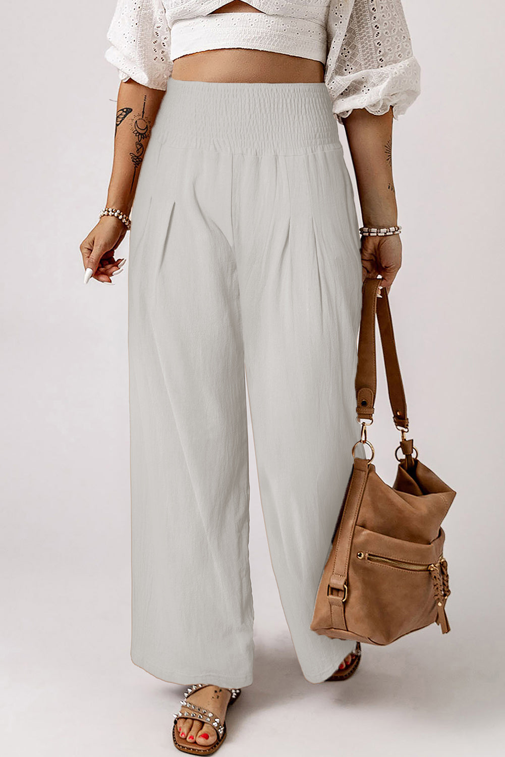 Smocked Wide Waistband High Waist Wide Leg Pants